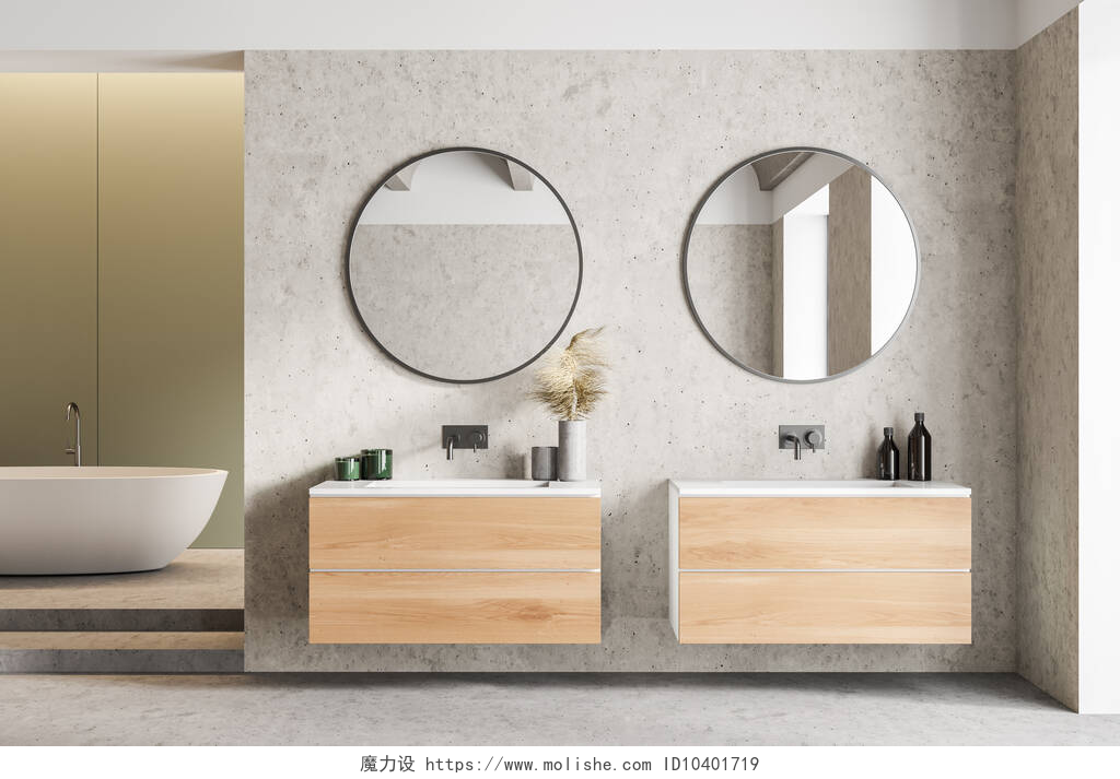 简约的浴室内部带有白色和木制墙壁的时尚浴室的内部，混凝土地面，带有圆形镜子的双水池和浴缸。3d渲染